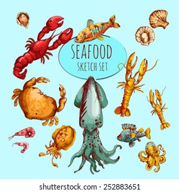 Seafood fresh gourmet delicacy sketch colored decorative icons set isolated vector illustration