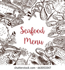 Seafood fresh menu template. Fish, crab, shrimp, lobster, spices. Vector illustration