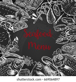 Seafood fresh menu template. Fish, crab, shrimp, lobster, spices. Vector illustration