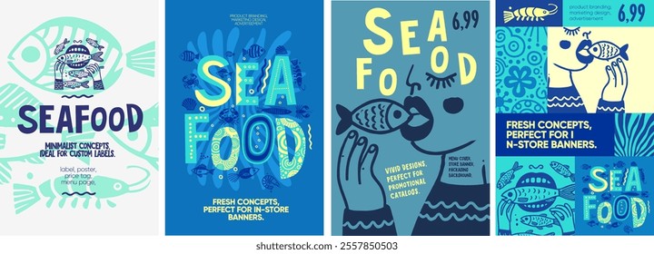 Seafood. Fresh and minimal seafood-inspired designs with playful hand-drawn elements, perfect for product labels, packaging, and promotional banners.