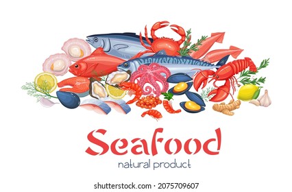 Seafood. Fresh sea fish tuna, red bass, mackerel, salmon steak, and herring. Banner with seafood of shrimp, scallops, oysters, squid, crab, lobster, octopus and caviar. Sea fishes vector illustration