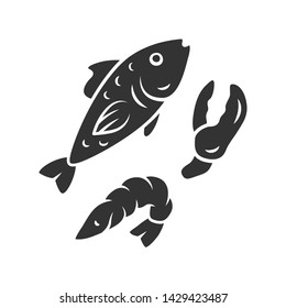 Seafood glyph icon. Omega 3 source products. Gourmet meal, healthy food. Silhouette symbol. Boiled prawn, salmon dish ingredients. Negative space. Fish, shrimp and lobster claw isolated illustration