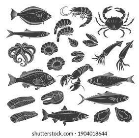 Seafood glyph icon set. Monochrome herring squid, octopus, salmon, halibut oysters and scallops. Engraved vector illustration of lobster, red perch ,crab, tuna, shellfish and mussels.