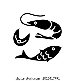 Seafood glyph icon. Shrimp, fish and fish steak Taiwanese food. Oriental custom. Asian item. Black filled symbol. Isolated vector stock illustration