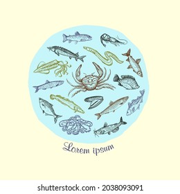 Seafood graphic circle symbol with assorted fish, mussel, crab and octopus vector illustration suitable for emblem or logo