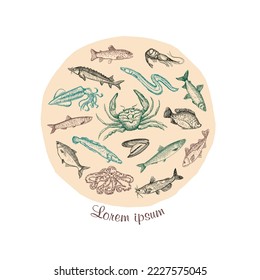 Seafood graphic circle symbol with assorted fish, mussel, crab and octopus, art vector illustration template