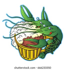Seafood green crayfish with cup of dark beer; RGB EPS 10 vector illustration