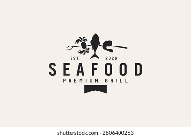 seafood grill logo in vintage style with grilled fish, crabs and shrimp.