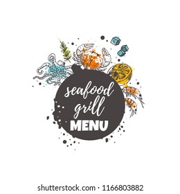 Seafood grill menu concept design. Fresh fish. Hand drawn vector illustration. Can be used for marine cafe, market, shop, barbeque, bar, restaurant, poster, label, sticker, logo.