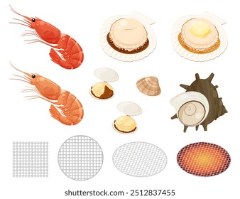 Seafood grilled or broiled illustration material set