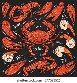 Seafood hand draw on black background. Crab & Lobster. Hand drawn doodle vector illustration. 