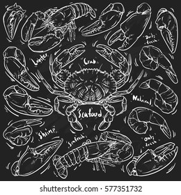 Seafood hand draw on black background. Crab & Lobster doodle vector illustration. 