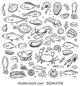 Seafood hand drawn doodle elements. Vector illustration for backgrounds, web design, design elements, textile prints, covers, posters, menu