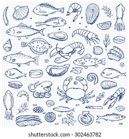 Seafood hand drawn doodle elements. Vector illustration for backgrounds, web design, design elements, textile prints, covers, posters, menu