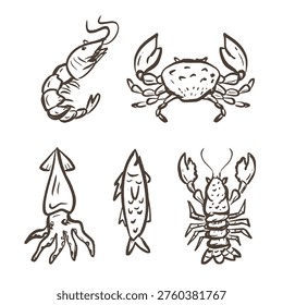 Seafood hand drawn illustration set. Seafood menu doodle collection. Sea creatures vector elements containing shrimp, crab, squid, fish, lobster.