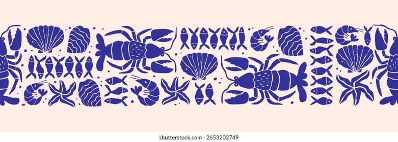 Seafood hand drawn seamless horizontal border with lobster, fish, and marine elements. Retro Mediterranean vibe in naive, monochrome style. Perfect for kitchen, restaurant menu, and summer design.