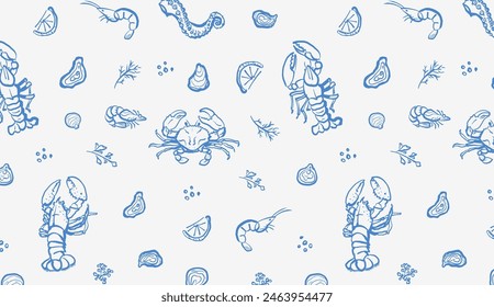 Seafood hand drawn seamless pattern on white background. Crab, lobster, and shrimp with lemon and herbs illustration. Ocean and sea delicacy wallpaper. Design for branding, restaurant and menu.