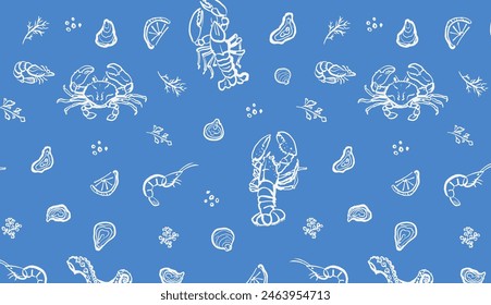 Seafood hand drawn seamless pattern on blue background. Crab, lobster, and shrimp with lemon and herbs illustration. Ocean and sea delicacy wallpaper. Design for branding, restaurant and menu.