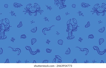 Seafood hand drawn seamless pattern on dark blue background. Crab, lobster, and shrimp with lemon and herbs illustration. Ocean and sea delicacy wallpaper. Design for branding, restaurant and menu.