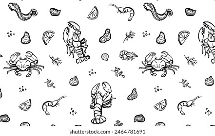 Seafood hand drawn seamless pattern on white background. Crab, lobster, and shrimp with lemon and herbs illustration. Ocean and sea delicacy wallpaper. Design for branding, restaurant and menu.