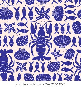 Seafood hand drawn seamless pattern with lobster, fish, and marine elements. Retro Mediterranean vibe in naive, monochrome style. Perfect for kitchen, restaurant menu, and summer design.