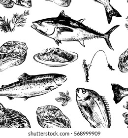 Seafood hand drawn seamless pattern on white background. Doodle of healthy nutrient food. Engraving sketch etch line. Food texture. Vector illustration.