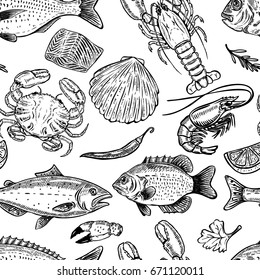 Seafood hand drawn seamless pattern. Design element for poster, wrapping paper. Vector illustration 