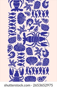 Seafood hand drawn seamless vertical border with lobster, fish, and marine elements. Retro Mediterranean vibe in naive, monochrome style. Perfect for kitchen, restaurant menu, and summer design.