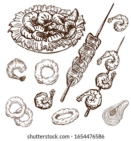 seafood hand drawn set isolated. vintage engraved bar or pub food. fried beer snack. squid rings, shrimp on skewer, pile of prawn on plate with lemon and lettuce. fish kebabs, oyster, grilled salmon