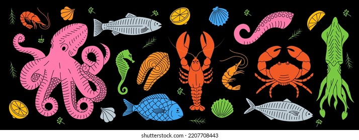 Seafood hand drawn set. Sea animal line banner. Seafood meal menu horizontal illustration. Fishes, lobster, squid, octopus, crab, prawns, fish fillet.