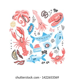 SeaFood Hand Drawn simple color Doodle with Fish, Crab, lobster, caviar, salmon steak and squid. Vector illustration. Set of Marine inhabitants in rough childish style on white background.