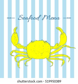 Seafood. Hand drawn sketch of yellow crab isolated on blue and white striped background. Vector illustration for graphic and web design, for restaurant, menu, fish market. Fresh organic food.