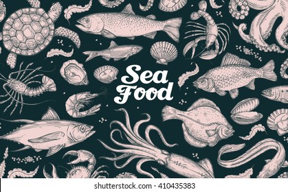seafood. hand drawn underwater world. vector sketch