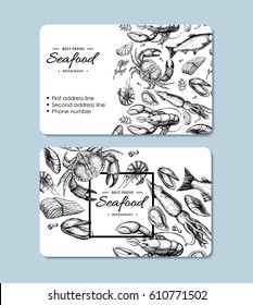 Seafood Hand Drawn Vector Business Card. Crab, Lobster, Shrimp, Oyster, Mussel, Caviar And Squid. Engraved Style Vintage Template. Fish And Sea Food Restaurant Menu, Flyer.