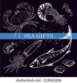 Seafood, hand drawn vector, fish, crab, shrimp squid, oyster, menu
