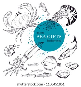 Seafood, hand drawn vector, fish, crab, shrimp squid, oyster, menu
