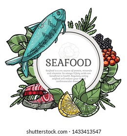 Seafood hand drawn vector framed circle illustration. Good for food banner, business promote, food packaging. Includes fish products with herbs, lemon and lime