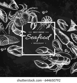 Seafood hand drawn vector framed illustration. Crab, lobster, shrimp, oyster, mussel, caviar and squid. Engraved style blackboard template. Fish and sea food restaurant menu, flyer, business card