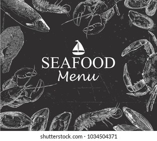 Seafood hand drawn vector illustration. Crab, lobster, shrimp, oyster,