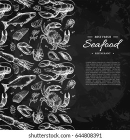 Seafood hand drawn vector illustration. Crab, lobster, shrimp, oyster, mussel, caviar and squid. Engraved style blackboard template. Fish and sea food restaurant menu, flyer, card, business promote