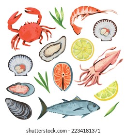 Seafood in hand drawn watercolor style. Mollusk, shrimps, crab and fish vector isolated elements. 