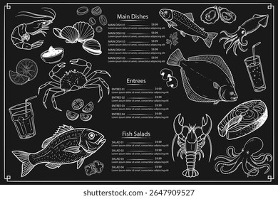 Frutos do mar, menu vetorial à mão. Menu vetorial isolado com peixes, lulas, camarões e caranguejos. As ilustrações desenhadas à mão são apresentadas sobre um fundo preto.