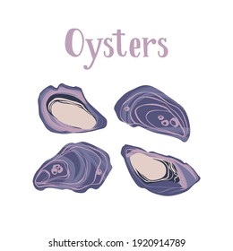 Seafood healthy nutrition product. Gourmet freshest oysters. Vector hand drawn flat isolated illustration with lettering for your design on white background.