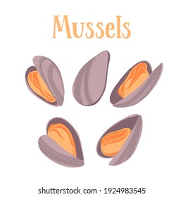 Seafood healthy nutrition product. Mussels in shells. Vector hand drawn flat isolated illustration with lettering for your design on white background.