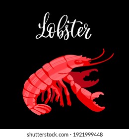 Seafood healthy nutrition product. Red delicious lobster. Vector hand drawn flat isolated illustration with hand written lettering for your design on black background.