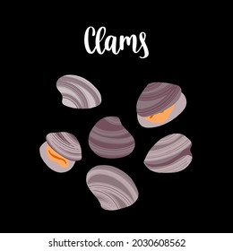 Seafood healthy nutrition product. Several clams, closed and open shells. Vector hand drawn flat isolated illustration with dry brush texture and hand written lettering for your design.