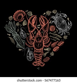 Seafood heart. Vector illustration art set. Hand drawing of sea animals colored pastel chalks on the blackboard. For decoration menu, posters, covers, advertising of Valentine's Day. Vintage engraving