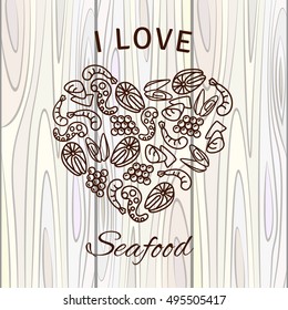 seafood heart  white wooden background. Elements for design. Squid shrimp fish mussels caviar octopus Vector flat illustration