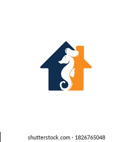 Seafood home shape concept Logo. Seahorse Chef Knife Fork and Spoon Symbol Illustration. Chef and seahorse logo design template