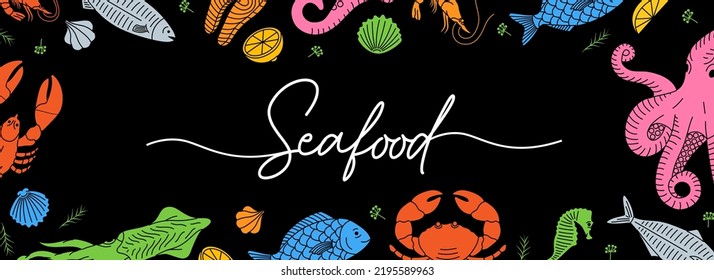 Seafood horizontal banner template. Sea animal colored line background. Seafood meal menu illustration. Fishes, lobster, squid, octopus, crab.